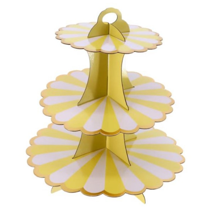 Suport etajat 3 niveluri CARODIS, din carton, design pastel galben-alb, pentru prajituri si candy bar