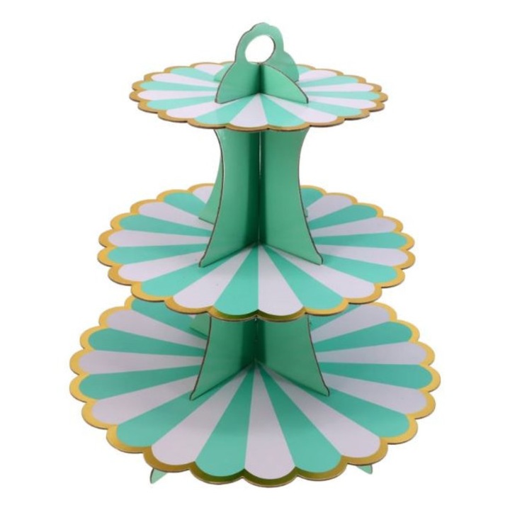 Suport etajat 3 niveluri CARODIS, din carton, design pastel verde-alb, pentru prajituri si candy bar
