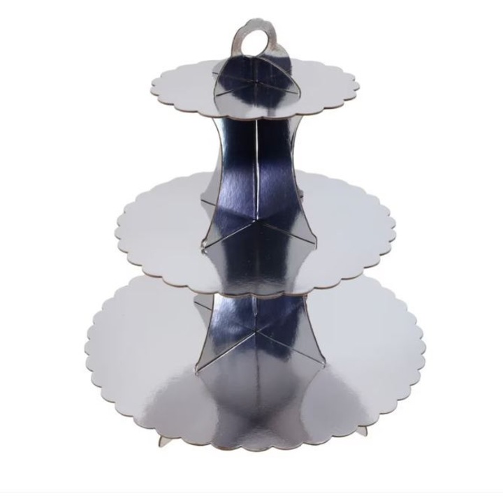 Suport etajat 3 niveluri CARODIS, din carton, design silver, pentru prajituri si candy bar