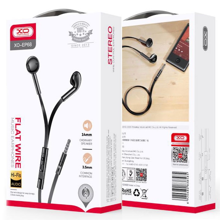 Casti cu Fir XO (EP68), In Ear, 3.5mm, 1.2m, Mic & Volume Key, HiFi, Black