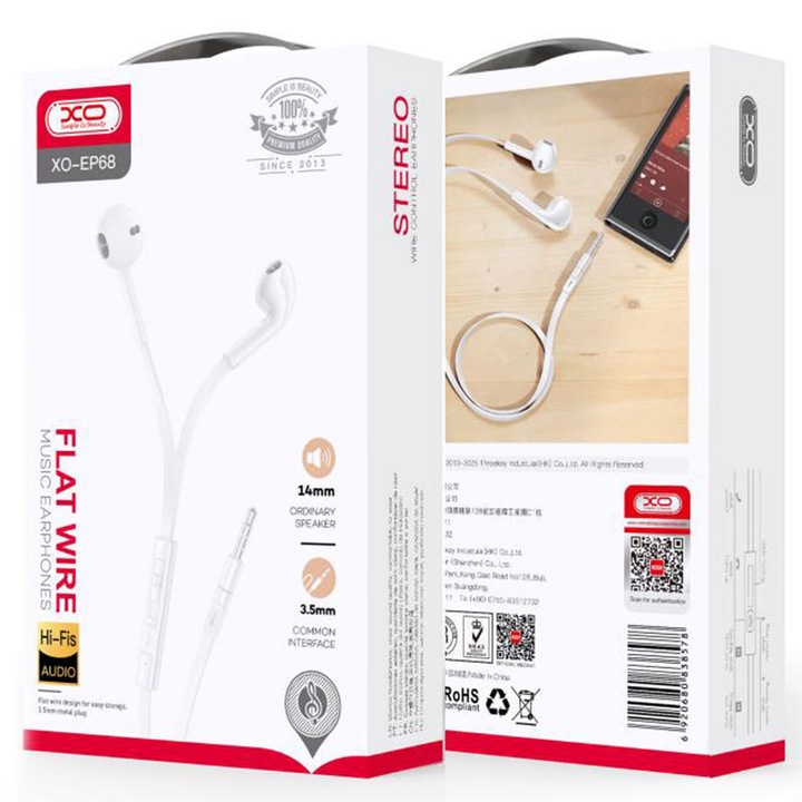XO vezetékes fejhallgató (EP68), fülbe helyezhető, 3,5 mm-es, 1,2 m-es, mikrofon és hangerőszabályzó gomb, HiFi, fehér