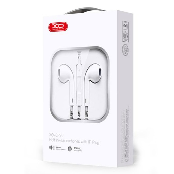 Casti cu Fir XO (EP70), In Ear, Lightning, 1.2m, Mic & Volume Key, HiFi, White
