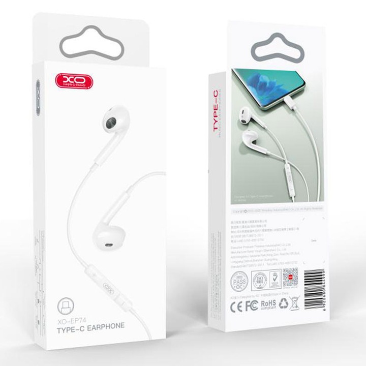 Casti cu Fir XO (EP74), In Ear, USB-C, 1.2m, Mic & Volume Key, HiFi, White