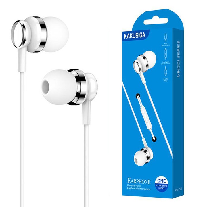 Casti cu Fir Kaku (KSC-399), In Ear, 3.5mm, 1.2m, Mic & Volume Key, HiFi, White