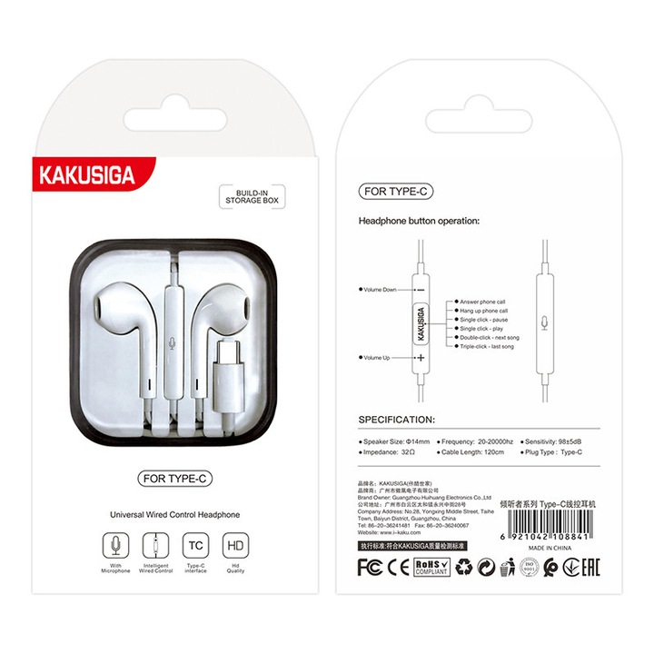Casti cu Fir Kaku (KSC-144), In Ear, USB-C, 1.2m, Mic & Volume Key, HiFi, White