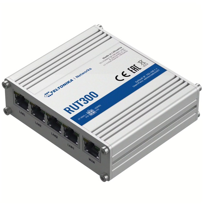 RUT300 router, Teltonika, 5 db gyors Ethernet port (10/100 Mbps), 2 db konfigurálható digitális bemenet/kimenet és USB 2.0