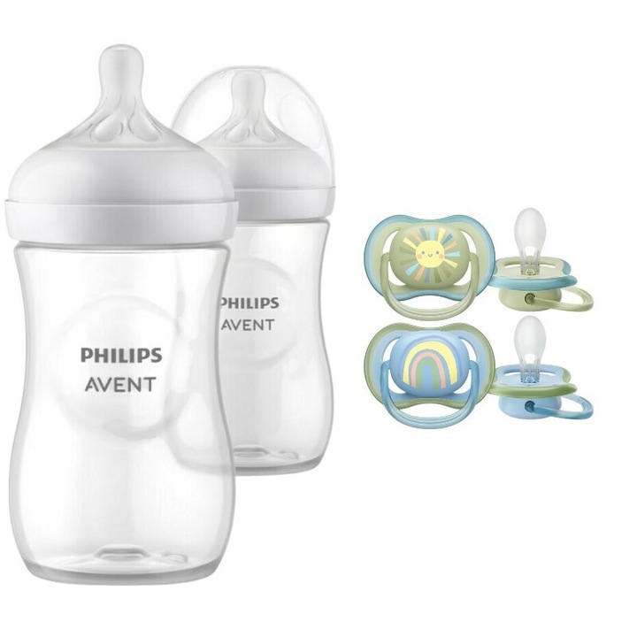 Комплект за грижа Philips Avent: Шише против колики, Natural Response, 260 мл, 1+ месец, 2 бр. + Залъгалки Ultra Air, 2 бр., 0-6 месеца, Силикон, Син/Оранжев