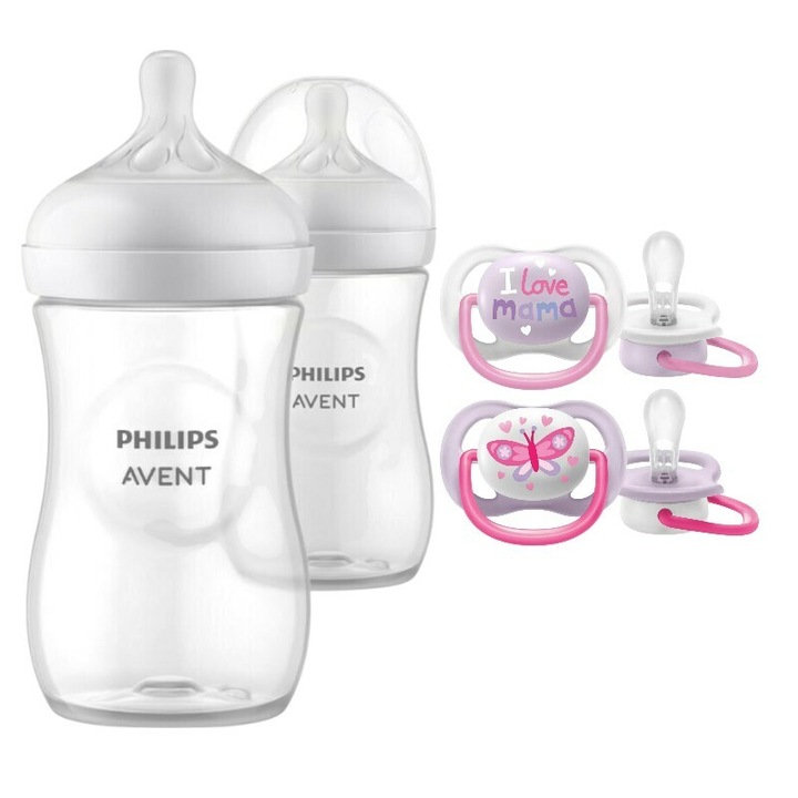 Комплект за грижа Philips Avent: Шише против колики, Natural Response, 260 мл, 1+ месец, 2 бр. + Залъгалки Ultra Air, 2 бр., 0-6 месеца, Силикон, Розов