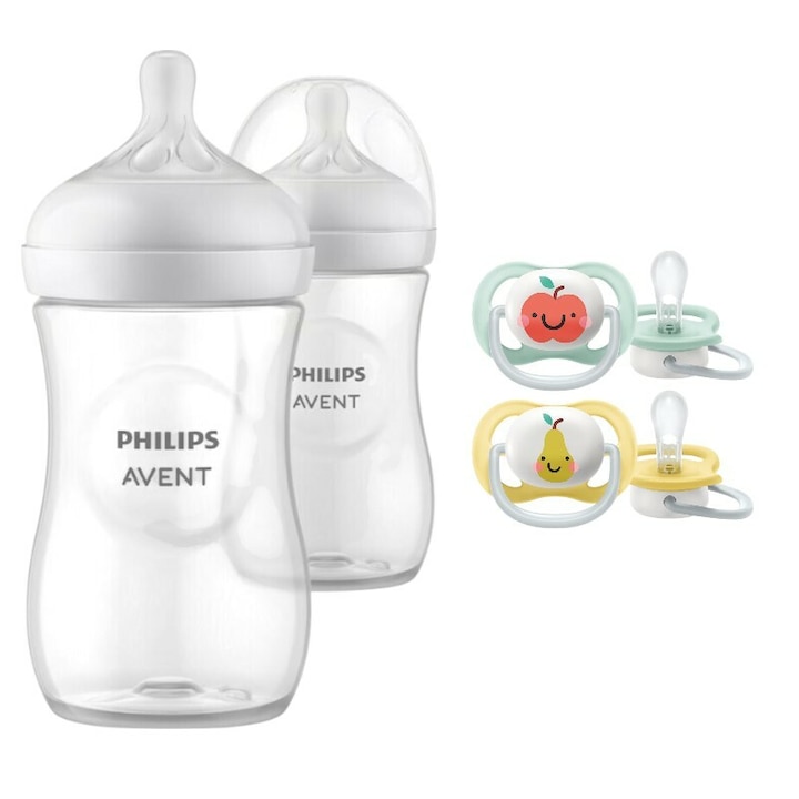 Комплект за грижа Philips Avent: Шише против колики, Natural Response, 260 мл, 1+ месец, 2 бр. + Залъгалки Ultra Air, 2 бр., 0-6 месеца, Силикон, Зелено/Жълто