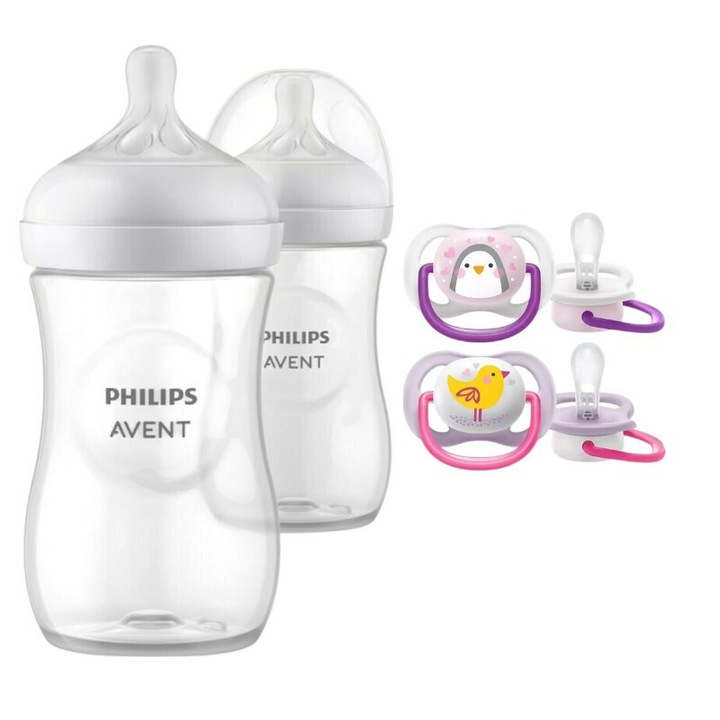 Комплект Philips Avent Care : Шише против колики, Natural Response, 260 мл, 1+ месец, 2 бр. + Залъгалки Ultra Air, 2 бр., 0-6 месеца, Силикон, Розово/Лилаво