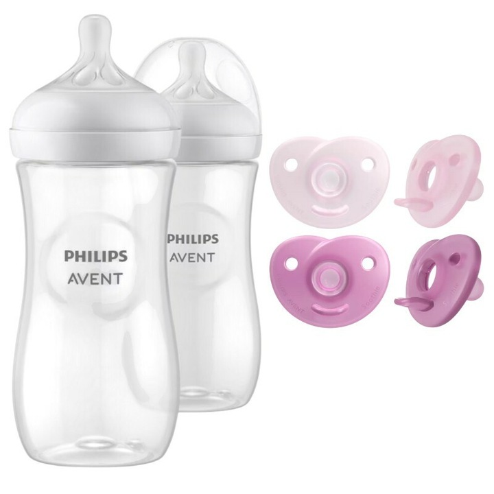 Комплект за грижа Philips Avent: Шише против колики, Natural Response, 330 мл, 3+ месеца, 2 бр. + Залъгалки Soothie, 2 бр., 0-6 месеца, Силикон, Розов