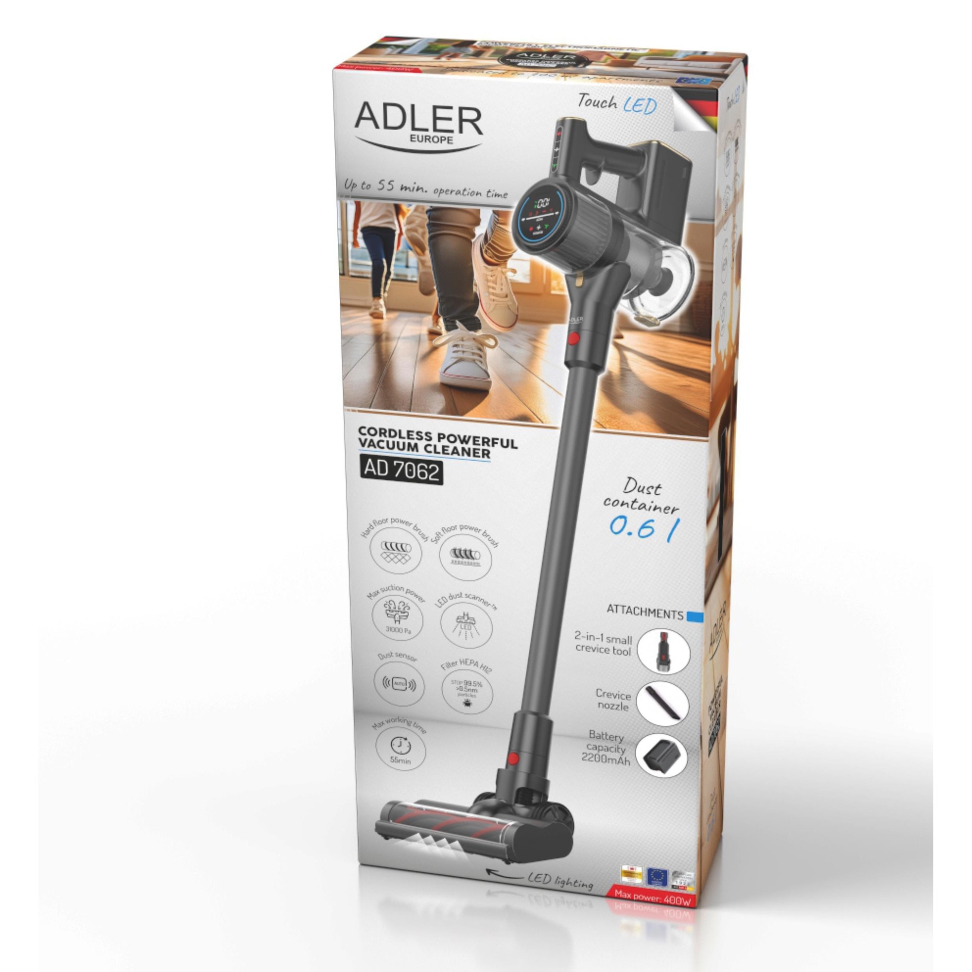 Set Aspirator Vertical Cu Accesorii, Adler, Ad7062, Putere Motor, 400W, Timp De Functionare, Pana La 55 De Minute, Recipient Pentru Praf, 0.6 L, Acumulator Litiu-Ion, 2200 Mah, Multicolor