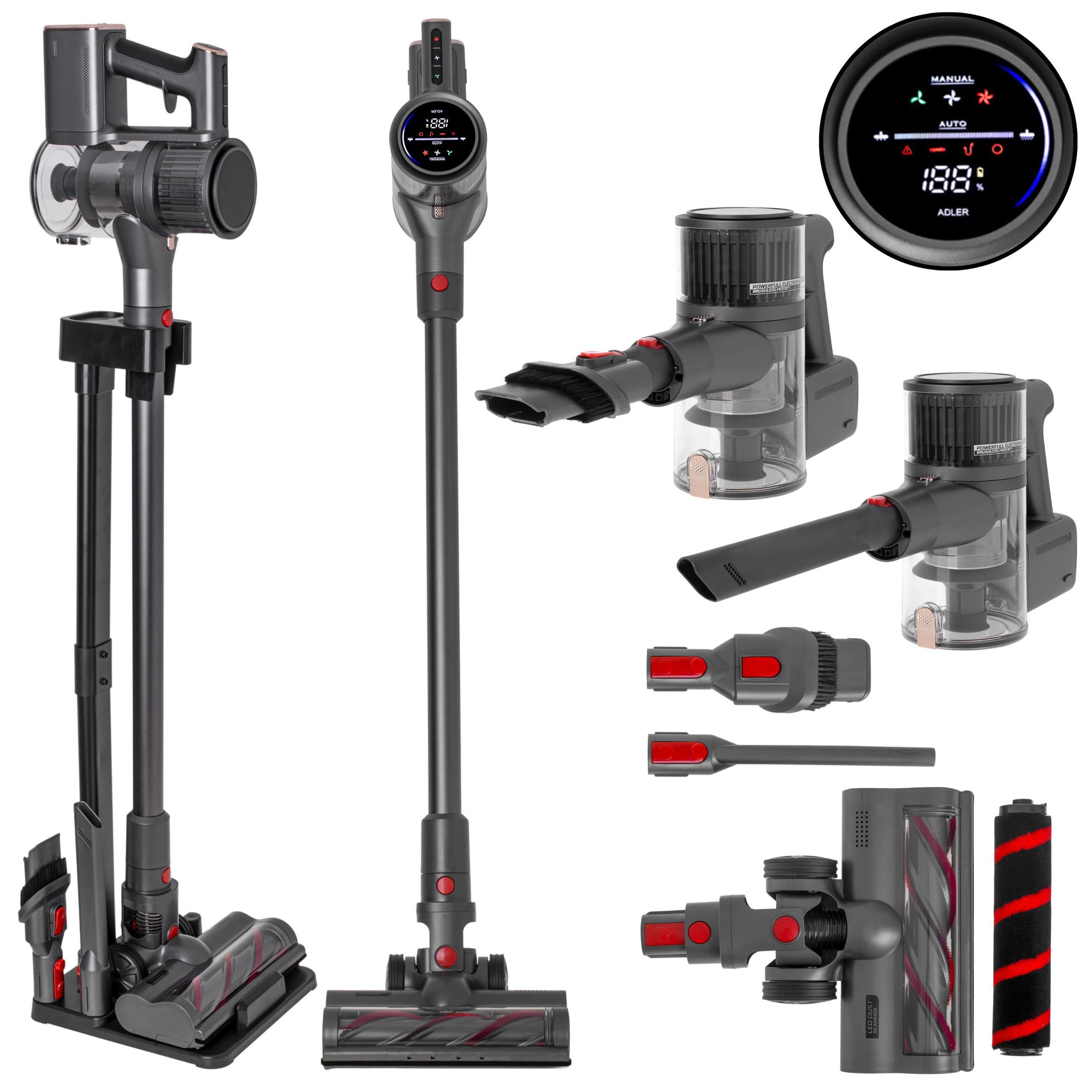 Set Aspirator Vertical Cu Accesorii, Adler, Ad7062, Putere Motor, 400W, Timp De Functionare, Pana La 55 De Minute, Recipient Pentru Praf, 0.6 L, Acumulator Litiu-Ion, 2200 Mah, Multicolor