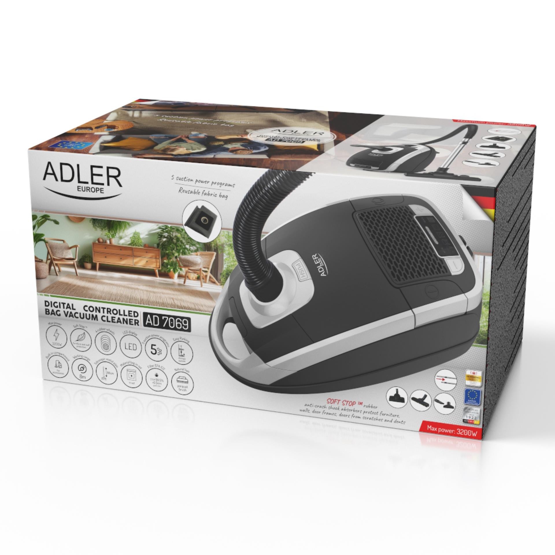 Aspirator cu sac, ADLER, AD7069, 3200W, 18000 Pa, 3.5 L, 5 programe de putere, Negru