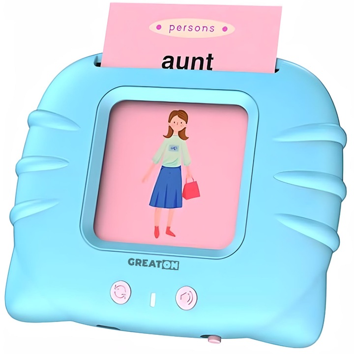 Aparat De Invatat Limba Engleza GREATON Cu 112 Carduri Pentru Copii – Dispozitiv Interactiv Cu Functie Vocala, Culoare Albastra