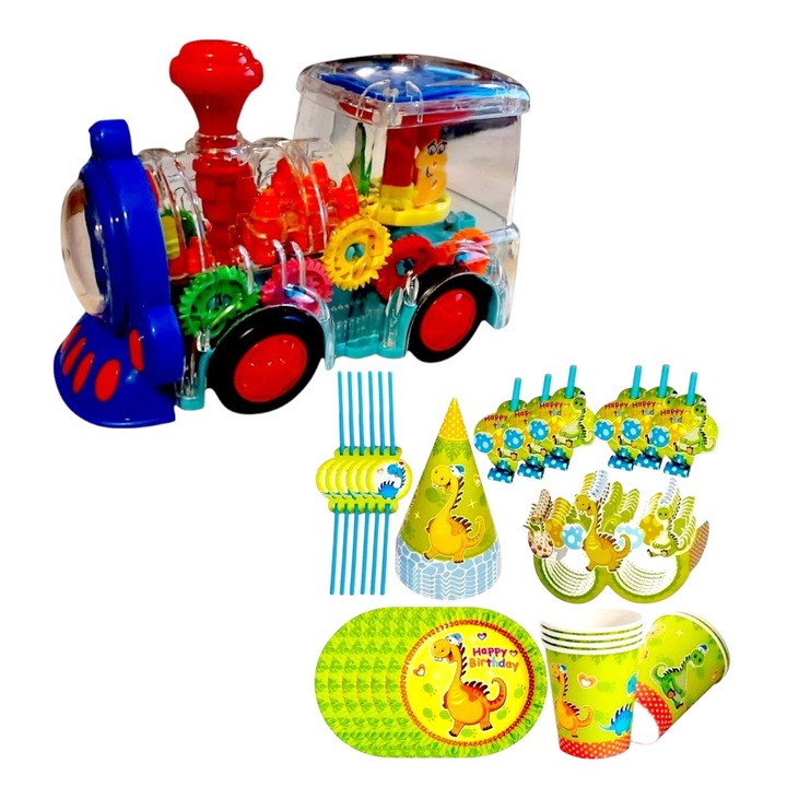 Играчка локомотив, прозрачен дизайн, Хупи, 14X10X20 см, 3+ години, многоцветен, високоскоростни светлинни и звукови ефекти с парти комплект, 36 части, 6 вариации, рециклируем екологичен картон