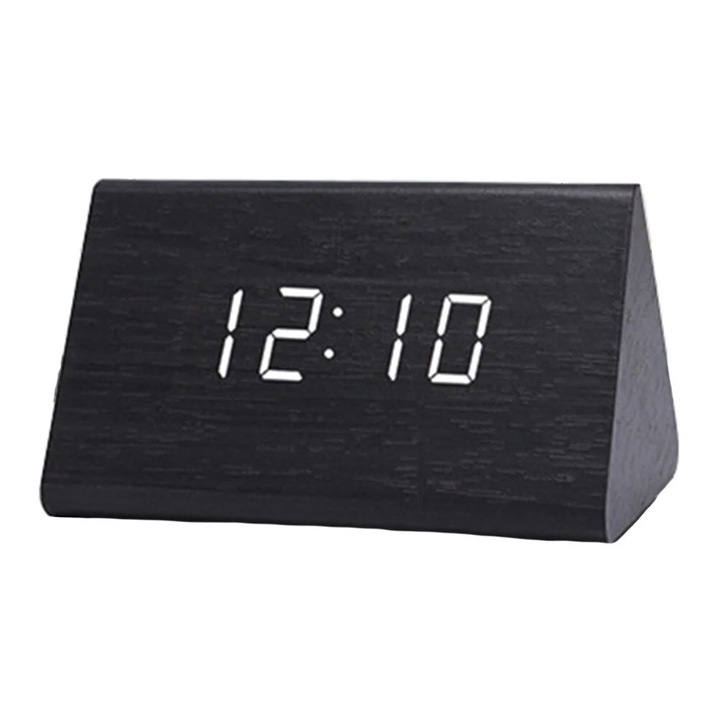 Ceas decorativ din lemn cu functie de alarma si termometru, negru, 10x6x6cm