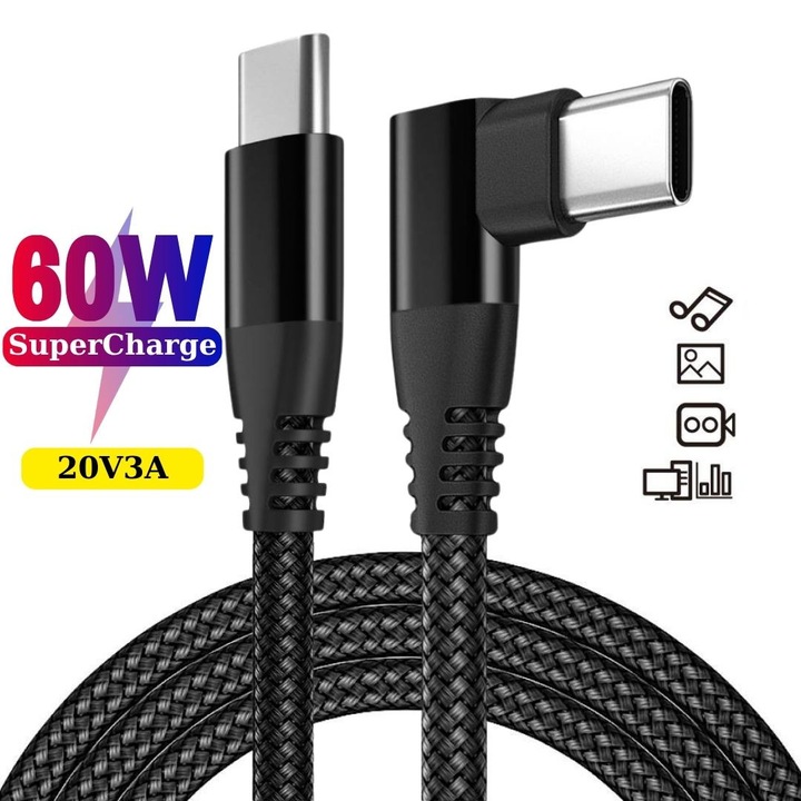 Adat- és gyorstöltő kábel max 60W, AHA PRINT®, PRÉMIUM TEXTIL, 480 Mbps, Dokumentumátvitel, PD 3.0, 90 fokos szög, USB-C - USB-C, C típusú, ergonomikus, telefonhoz, táblagéphez, laptophoz és kütyükhöz, 1 m, fekete