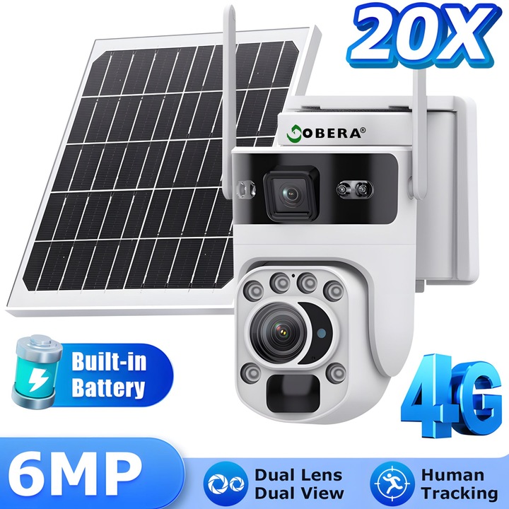 6MP goBERA Napelemes Térfigyelő Kamera, 20X Optikai Zoom, Dupla Lencse, 4G SIM, PTZ 355°/90°, 6W Napelem, 10050mAh Akkumulátor, Színes + IR Éjjellátó, Kétirányú Hang, Emberkövetés, IP66, Felhő + TF Kártya