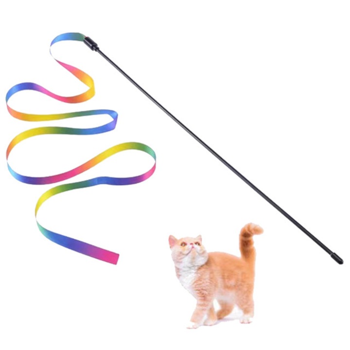Jucarie pentru pisici, bagheta neagra cu panglici curcubeu 60cm, interactiva, distractiva, joaca pisici