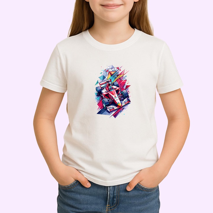 Tricou Copii Masina Formula 1 Poligonala, Alb