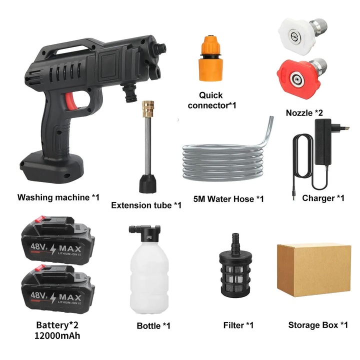 Aparat de spalat cu presiune fara fir, Pistol de pulverizare portabil, 1500 W, Autoamorsare, Sticla de spuma si filtru, Pentru spalare auto, 2 baterii