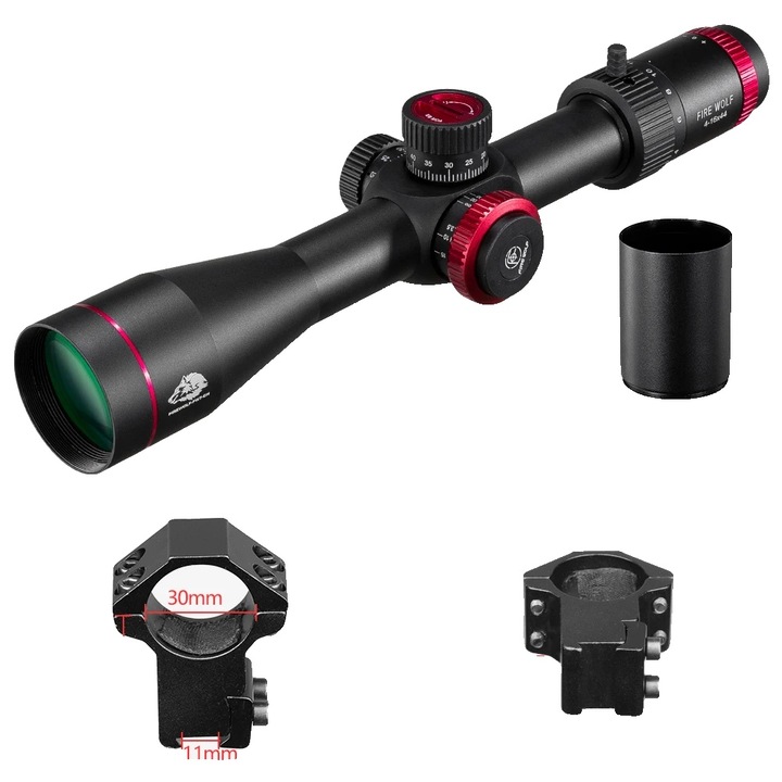 Luneta tactica pentru pusca, 4-16X44, montare 11mm, versatil, constructie robusta, negru/rosu