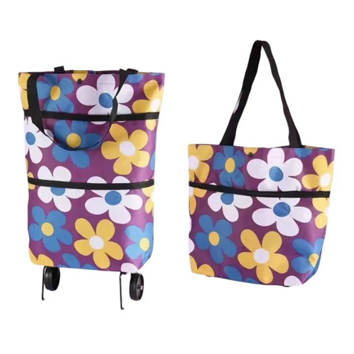 Сгъваема пазарска количка, 600D, водоустойчива, 10L, колела, ергономичен дизайн, лилаво дъно с бели, сини и жълти цветя
