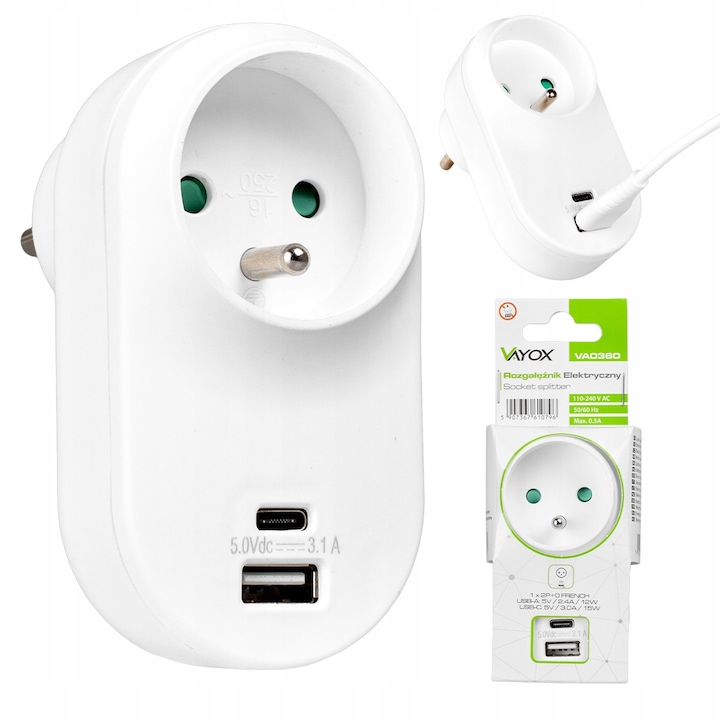 Adaptor priza Vayox VA0360 1 prize 2P+0 Franceza + USB-A 2.4A + USB-C 3.0A, Alb