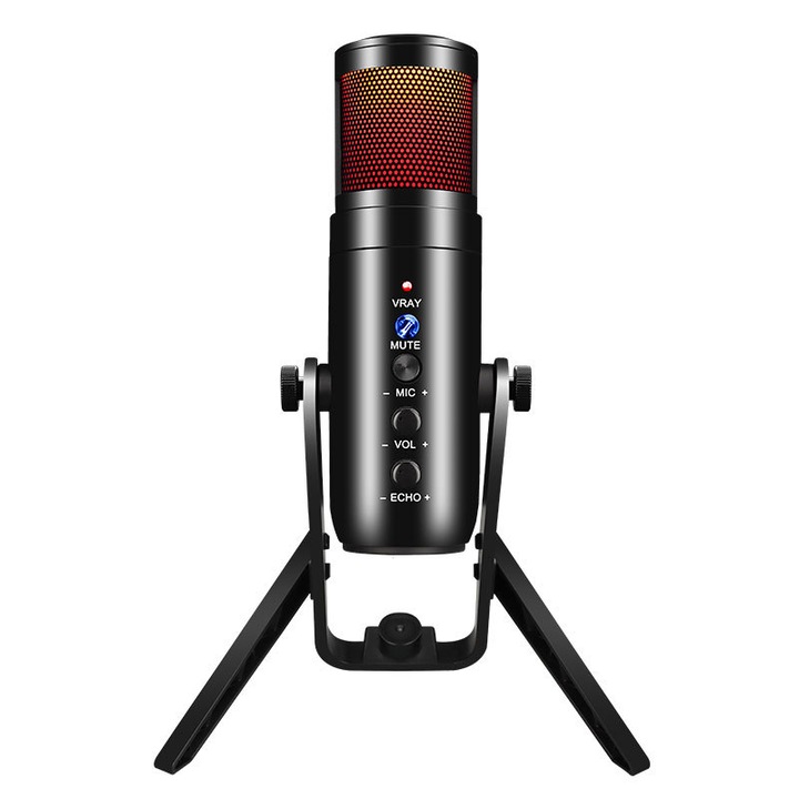 Microfon, Port USB, Iluminare RGB, Anulare inteligenta a zgomotului, Placa de sunet incorporata, Cardioid/Omni-directional, Mutare cu o singura atingere, Pivotare 360°