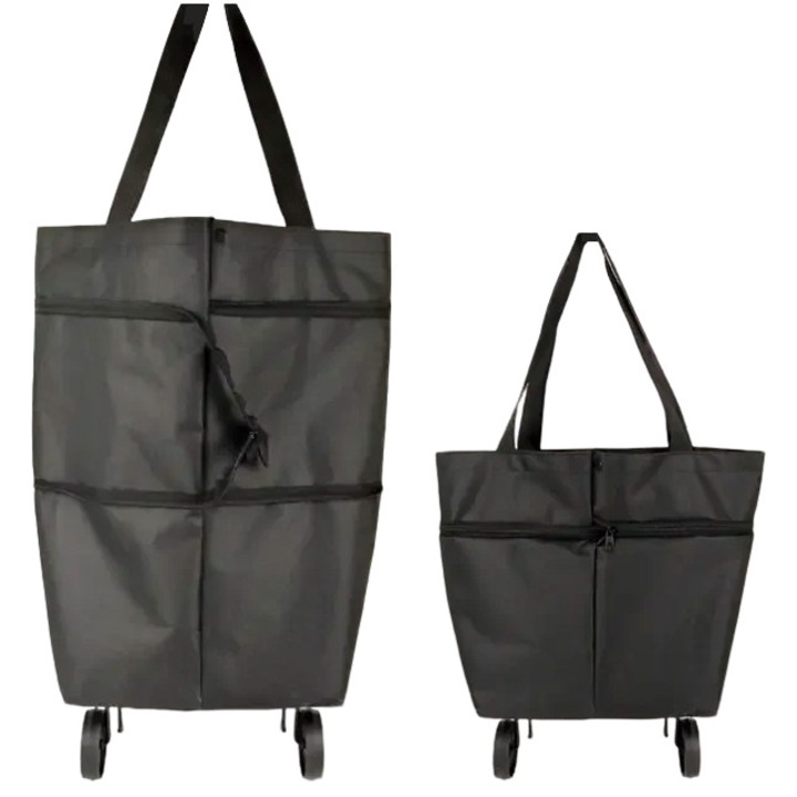 Carucior de cumparaturi pliabil, 600D, impermeabil, 10L, roti, design ergonomic, negru