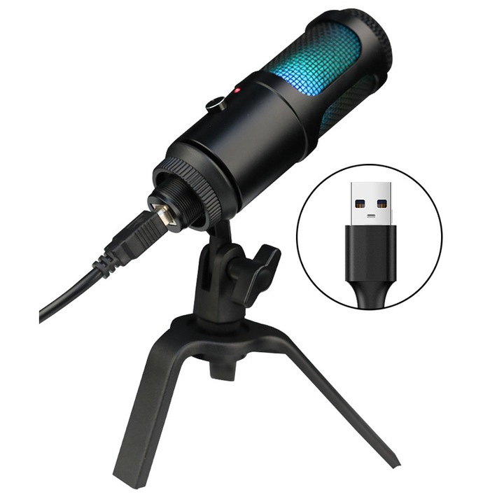 Microfon, port USB, iluminare RGB, directionare cardioida, anulare a zgomotului, calitate a sunetului HD, negru