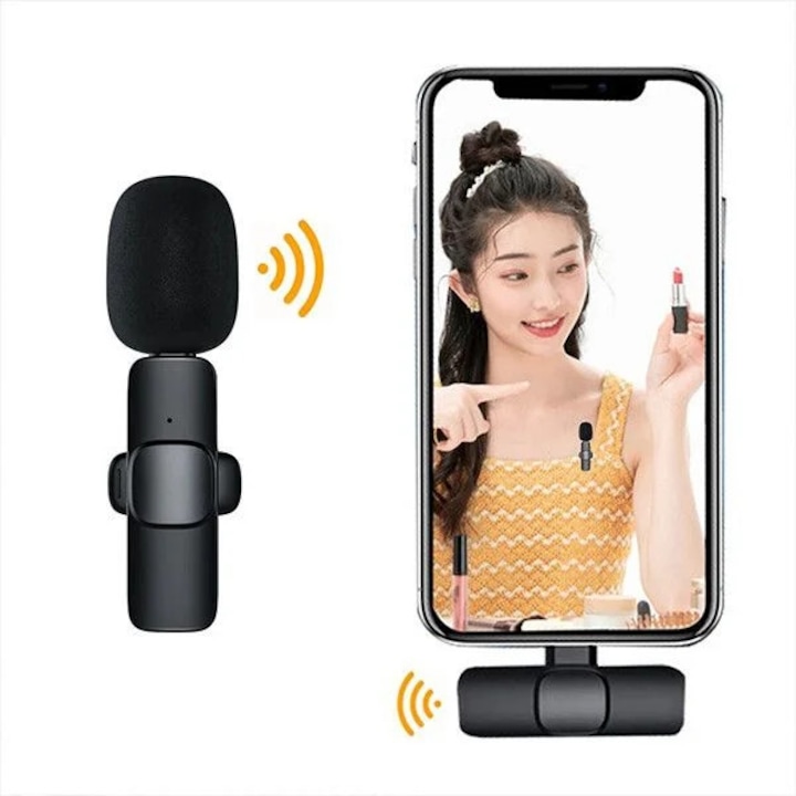 Microfon Lavaliera Wireless K8 – Receptie pana la 20m, Sunet Clar, Compatibil iPhone & Type-C, cu Capsa Integrata pentru Guler/Tricou, Ideal Vlog/Live/Interviuri