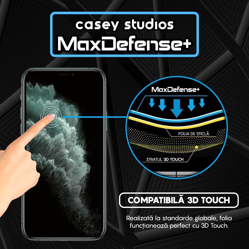 Folie Sticla Privacy CASEY STUDIOS™ compatibila cu iPhone 11 Pro, MaxDefense+, Anti Zgarieturi, Full Glue, Privacy