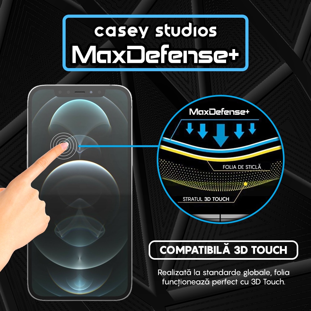 Folie Sticla CASEY STUDIOS™ compatibila cu iPhone 12 / 12 Pro, Full Cover 3D, Full Glue, Sticla Securizata, Duritate Militara, Ultra HD, Protectie Profesionala Ecran 3D, Anti Zgarieturi, Anti Socuri, Margini Negre