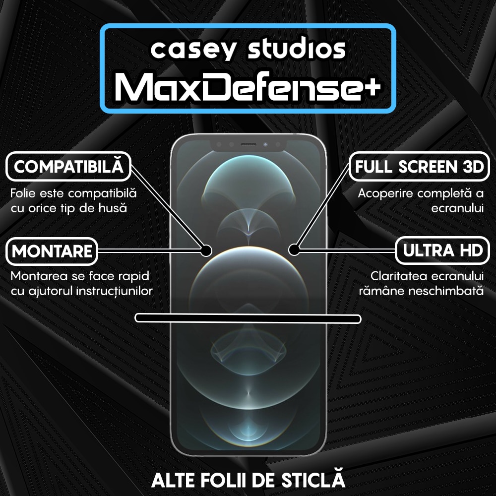 Folie Sticla CASEY STUDIOS™ compatibila cu iPhone 12 / 12 Pro, Full Cover 3D, Full Glue, Sticla Securizata, Duritate Militara, Ultra HD, Protectie Profesionala Ecran 3D, Anti Zgarieturi, Anti Socuri, Margini Negre