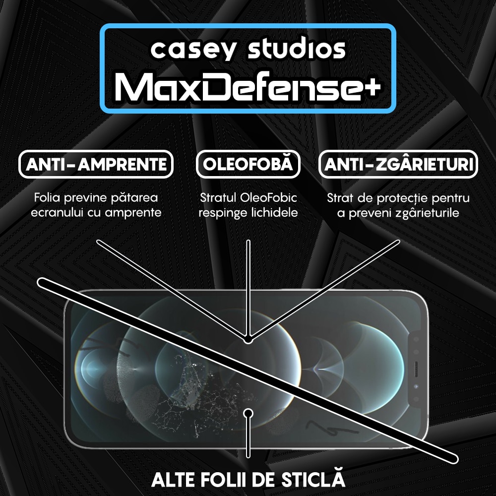 Folie Sticla CASEY STUDIOS™ compatibila cu iPhone 12 / 12 Pro, Full Cover 3D, Full Glue, Sticla Securizata, Duritate Militara, Ultra HD, Protectie Profesionala Ecran 3D, Anti Zgarieturi, Anti Socuri, Margini Negre