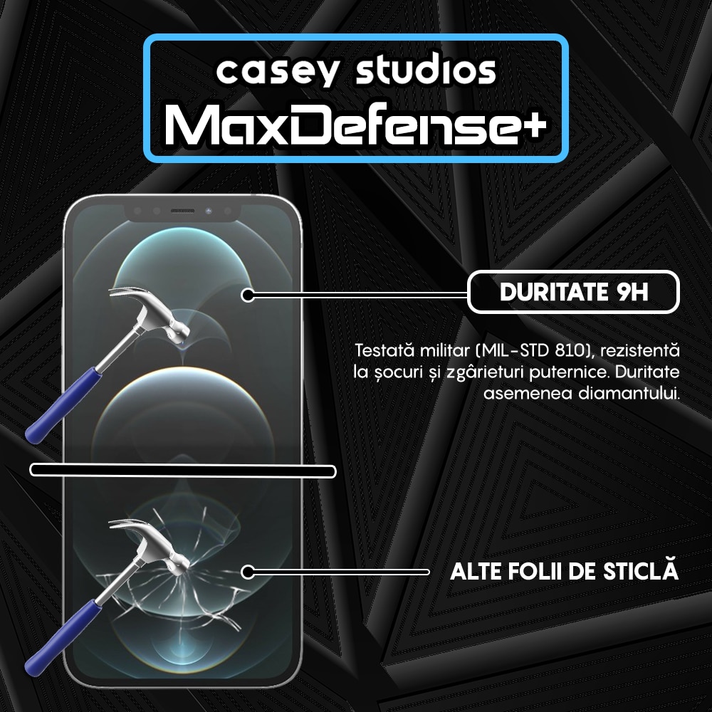 Folie Sticla CASEY STUDIOS™ compatibila cu iPhone 12 / 12 Pro, Full Cover 3D, Full Glue, Sticla Securizata, Duritate Militara, Ultra HD, Protectie Profesionala Ecran 3D, Anti Zgarieturi, Anti Socuri, Margini Negre