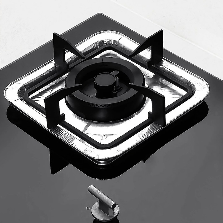 Set 10 protectii aragaz YANYXR, folie aluminiu, rotund si patrat, 23.5x23.5cm si 20.5x20.5cm