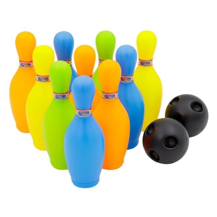 Bowling Készlet Gyermekeknek – 10 Színes Bábu (19 cm) + 2 Fekete Golyó (Ø 11 cm) – Beltéri és Kültéri Játék – ANTBRO®