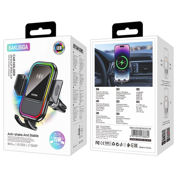 Kaku autós tartó (KSC-1184), vezeték nélküli, vezeték nélküli töltéssel, 15W, dupla rögzítés, szellőző rögzítés, oldalsó bilincsek, AutoGravity, 360°, fekete
