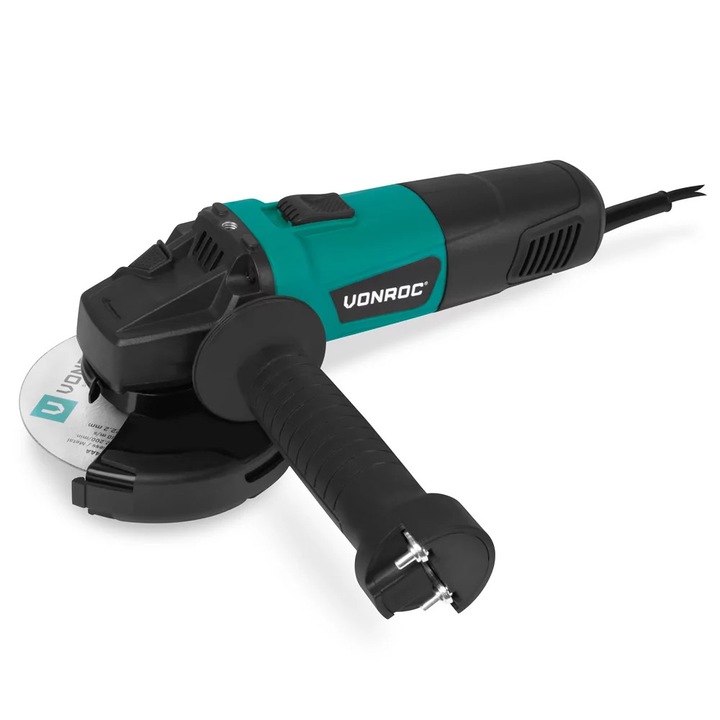 Sarokcsiszoló, VONROC, AG508AC, 900W - Ø125mm, Lock-on funkció, oldalsó fogantyúval, 3 méteres kábel, újraindulásgátló, bepattanó extra vágóvédelem