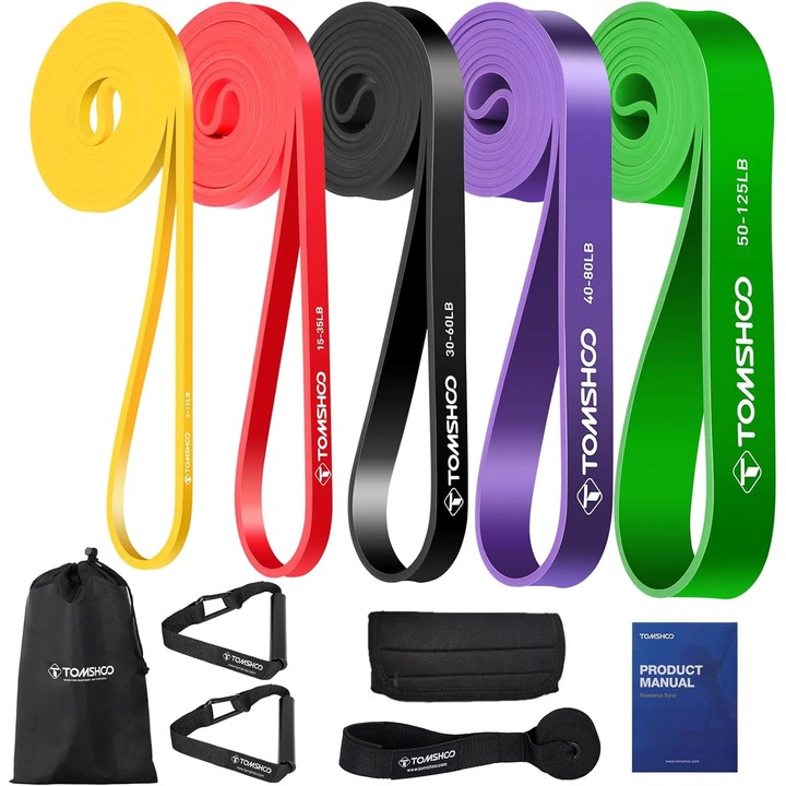 Комплект ластици за съпротивление 4/5 части с държач за врата и дръжки, за физически упражнения, разтягане на тялото, физиотерапия, многоцветни