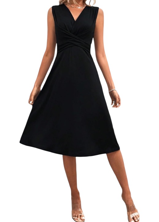 Rochie dama, neagra, midi, bust petrecut, elastica, comoda, M