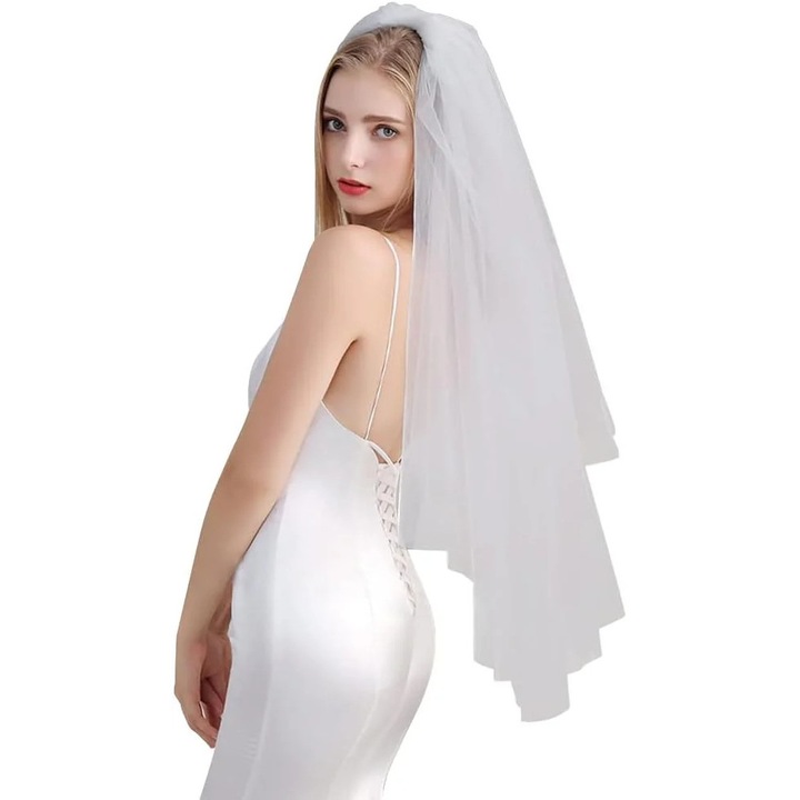 Булчински воал, 78 см, с гребен, за моминско парти, къс, бял, тюл