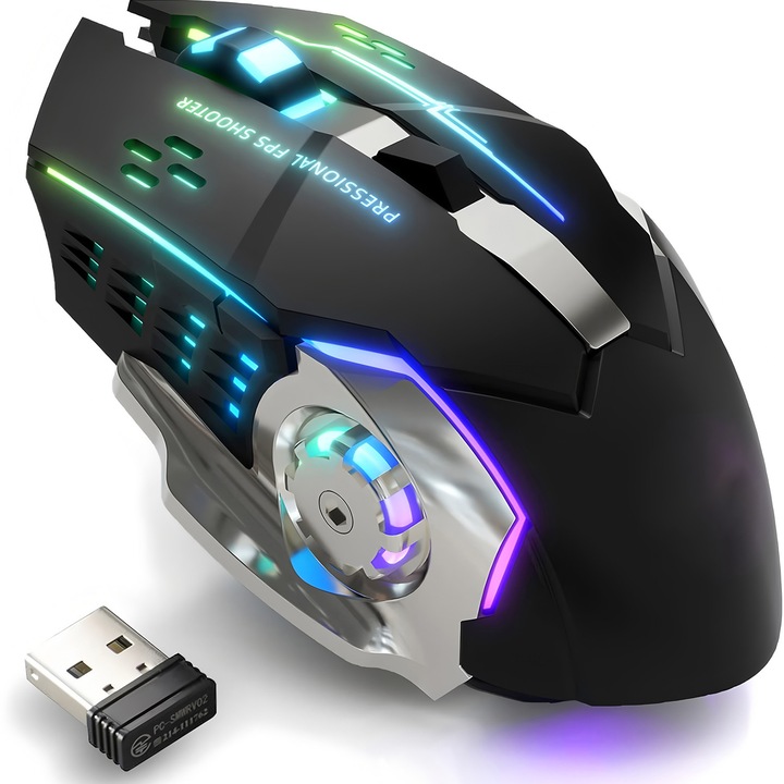 Безжична геймърска мишка BOMSTOM, Bluetooth, 2.4GHz, 6 бутона, RGB осветление, черна