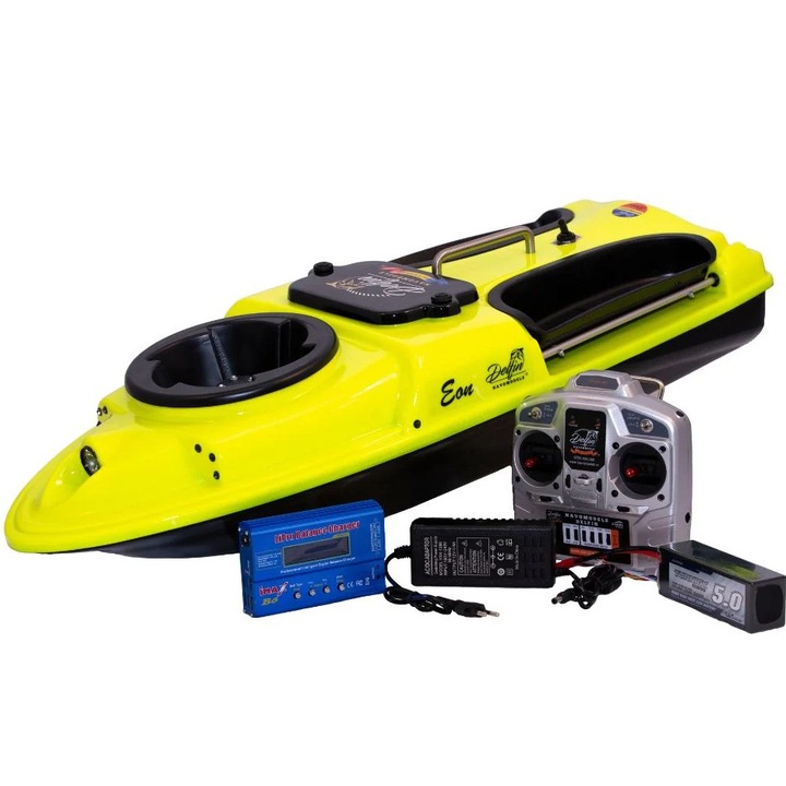 Barca navomodel de nadit si plantat cu morisca, "model EON Speed", cu telecomanda 2.4GHz, motor brushless, 2 cuve, 2kg nada, galben – Delfin Boats