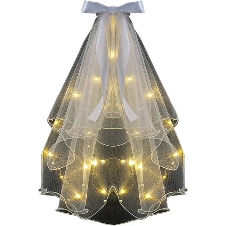 Къс булчински воал с бели перли, с панделка, два слоя, с гребен, за моминско парти