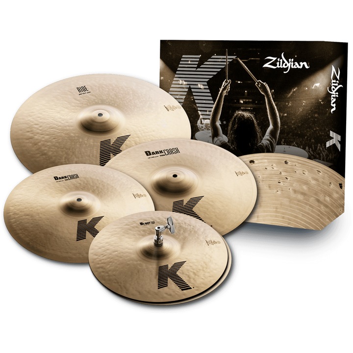 Set de cinele, Zildjian, K0800-I7, seria K, cinel bas de 14”, cinele Dark Crash de 16” si 18” si cinel ride de 20”