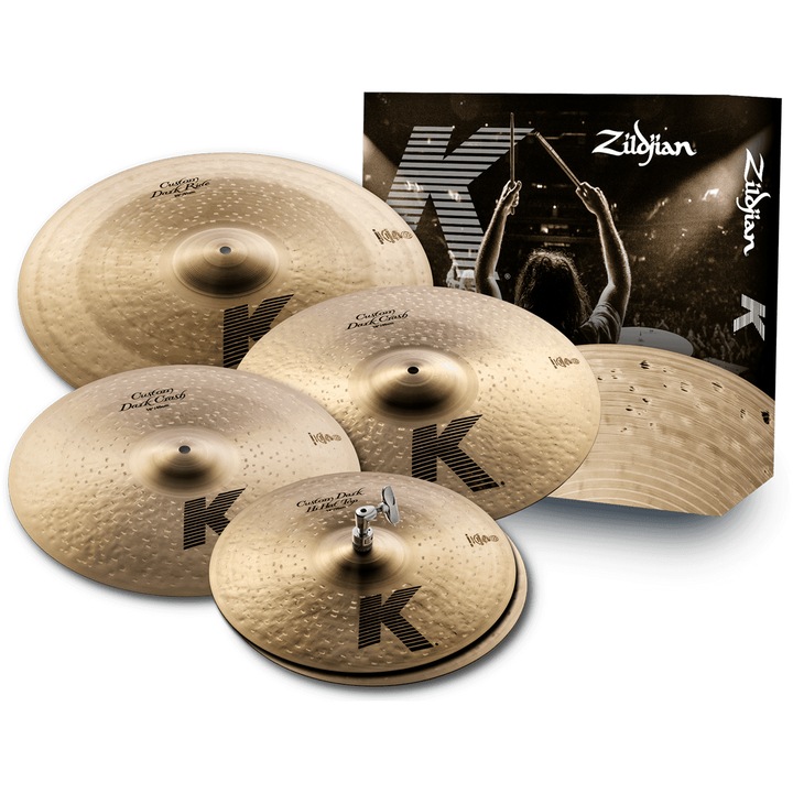 Set de cinele, Zildjian, KCD900 K Custom Series, cinel personalizat Dark Foot de 14”, cinele personalizate Dark Crash de 16” si 18” si cinel personalizat Dark Ride de 20”